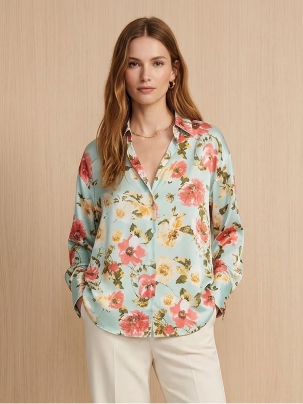 Zara Floral Print Satin-Effect Blouse, Size Medium PTP 21”